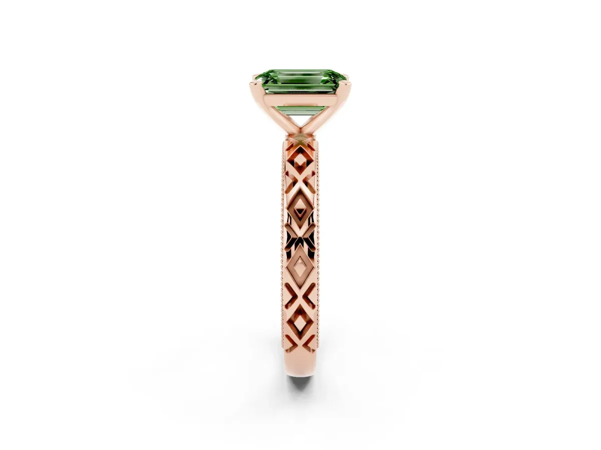 Fancy Green Emerald Cut Solitaire Diamond Ring with Milgrain and Black Enamel X Pattern Band Rose gold