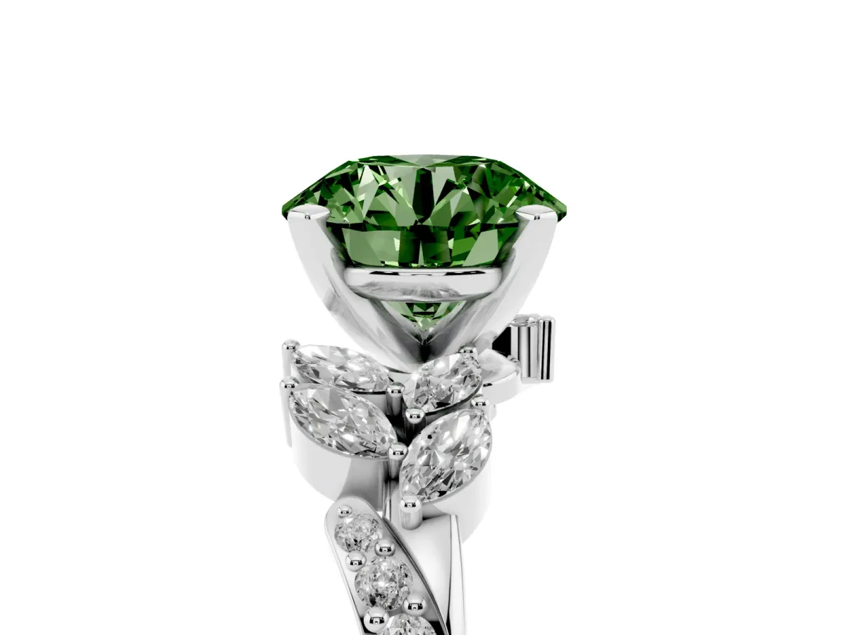 Fancy Green Round Cut Solitaire Marquise Twist Band with Six-Prong Setting Silver
