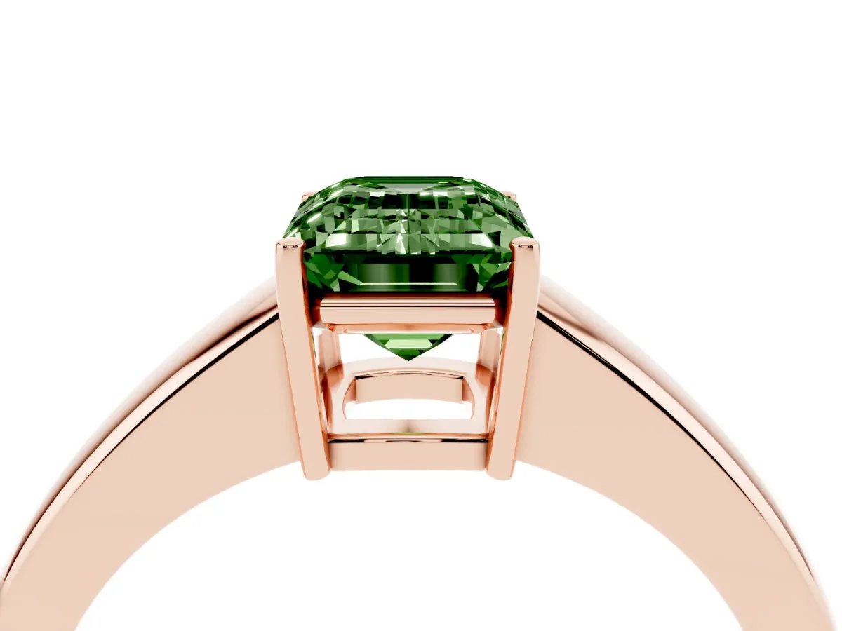 Fancy Green Emerald Cut Solitaire Diamond Ring with Tapered Band and Four-Prong Setting Rose gold