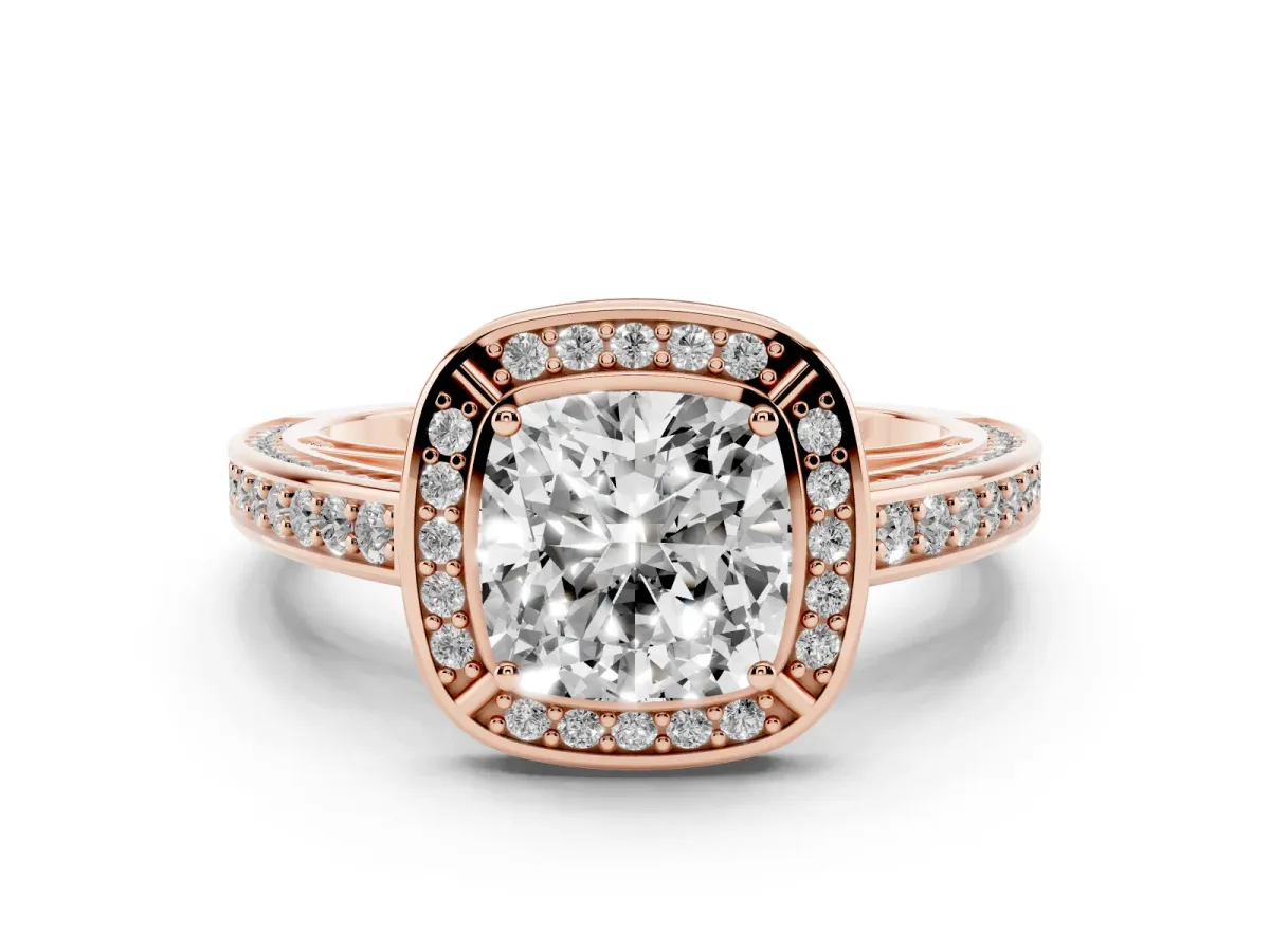 Cushion Cut Cut Halo Pave Split Shank Prong Setting Ring Rose gold