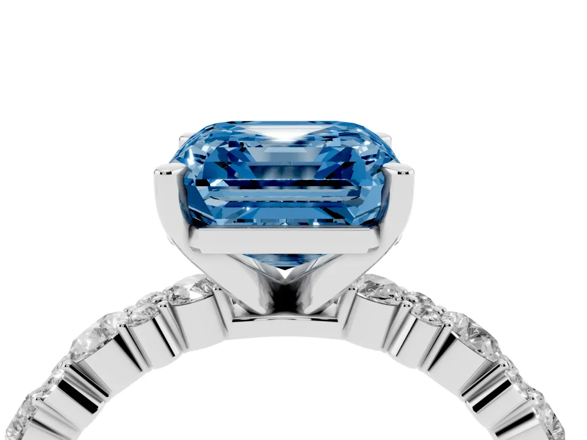 Fancy Blue Asscher Cut Diamond Side Stone Solitaire Ring with Round and Four-Prong Setting Platinum