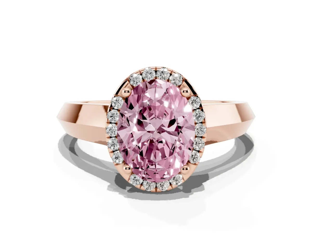 Fancy Pink Oval Cut Halo Diamond Ring with Cathedral Band and Four-Prong Setting Rose gold