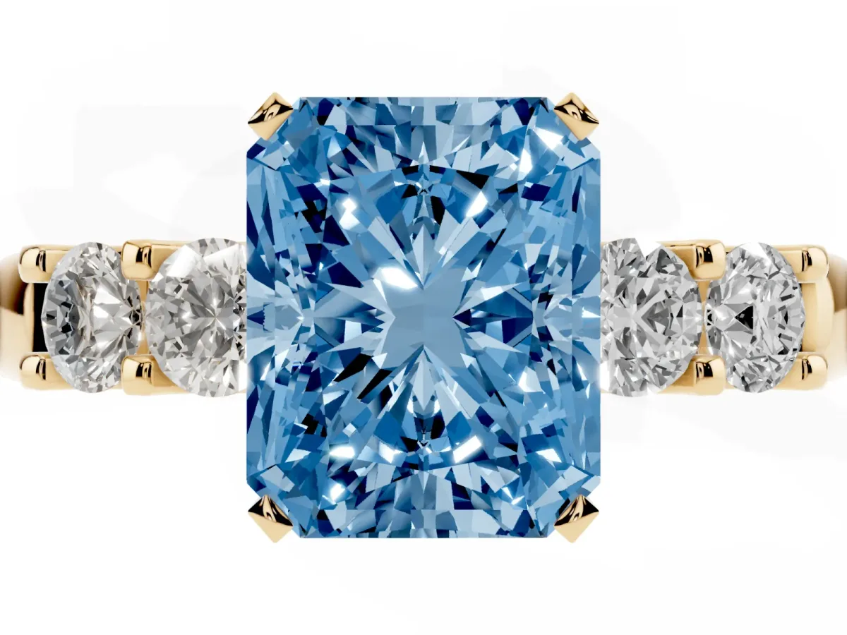 Fancy Blue Radiant Cut Brilliant Cut Diamond Five-Stone Prong Set Engagement Ring with Channel Band Yellow gold