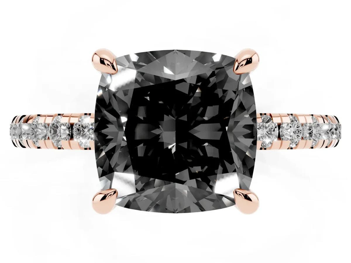 Fancy Black Cushion Cut Diamond Brilliant Solitaire Ring with Pavé Band and Four-Prong Setting Rose gold