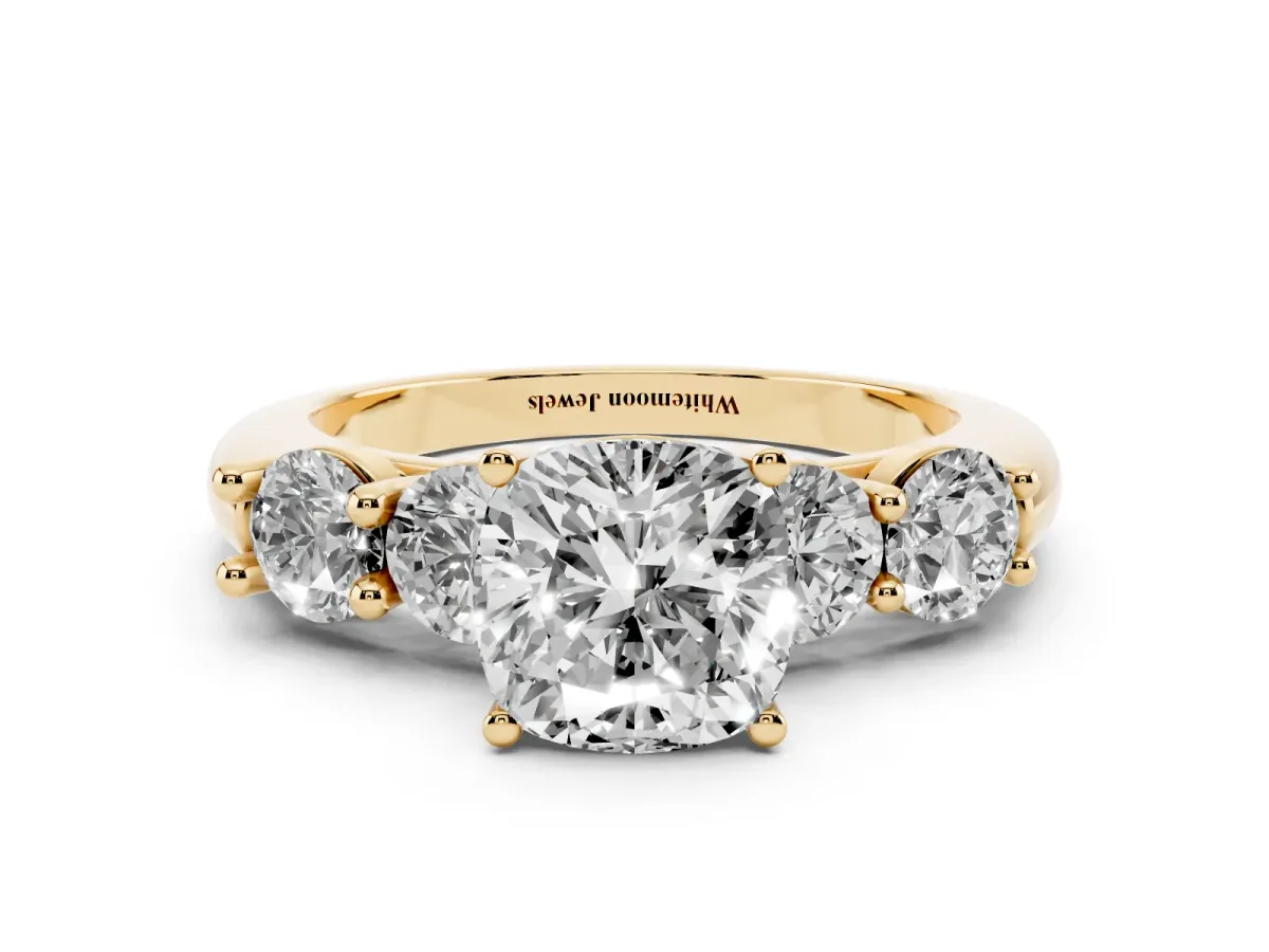 Cushion Cut Cut Five-Stone Prong Set Diamond Ring with Classic Band Yellow gold