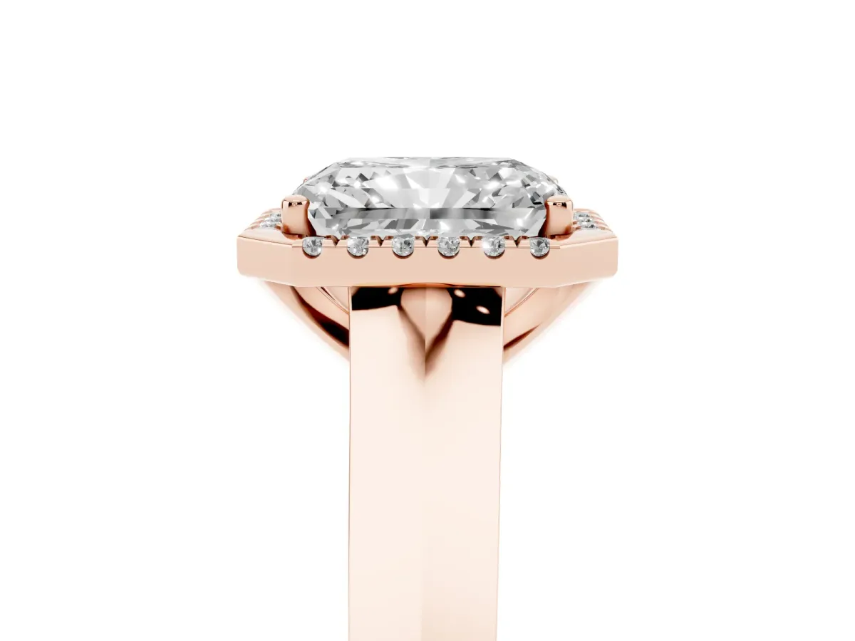 Radiant Cut Halo Diamond Ring with Cathedral Band and Four-Prong Setting Rose gold