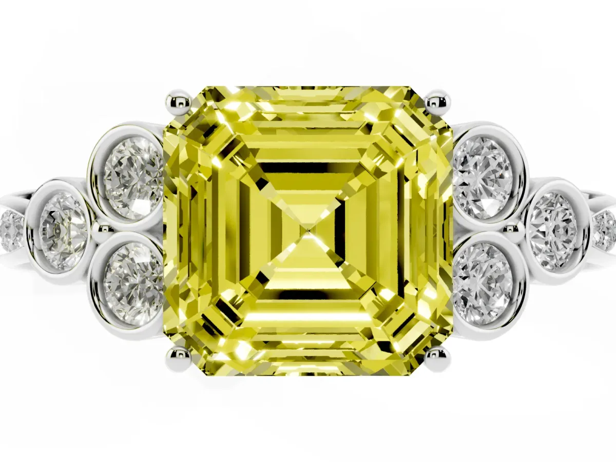 Fancy Yellow Asscher Cut Cut Diamond Engagement Ring with Bezel Set Round Side Stones and Prong Setting Silver