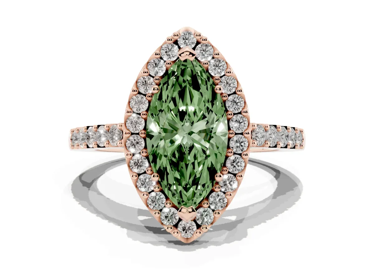 Fancy Green Marquise Cut Halo Diamond Pavé Solitaire Ring Rose gold