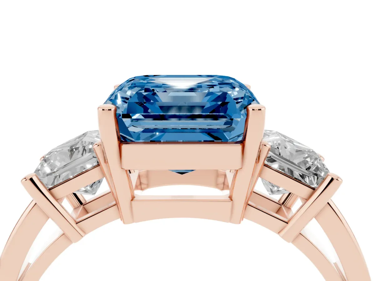 Fancy Blue Three-Stone Asscher Cut Cut Solitaire Ring with Prong Setting Rose gold