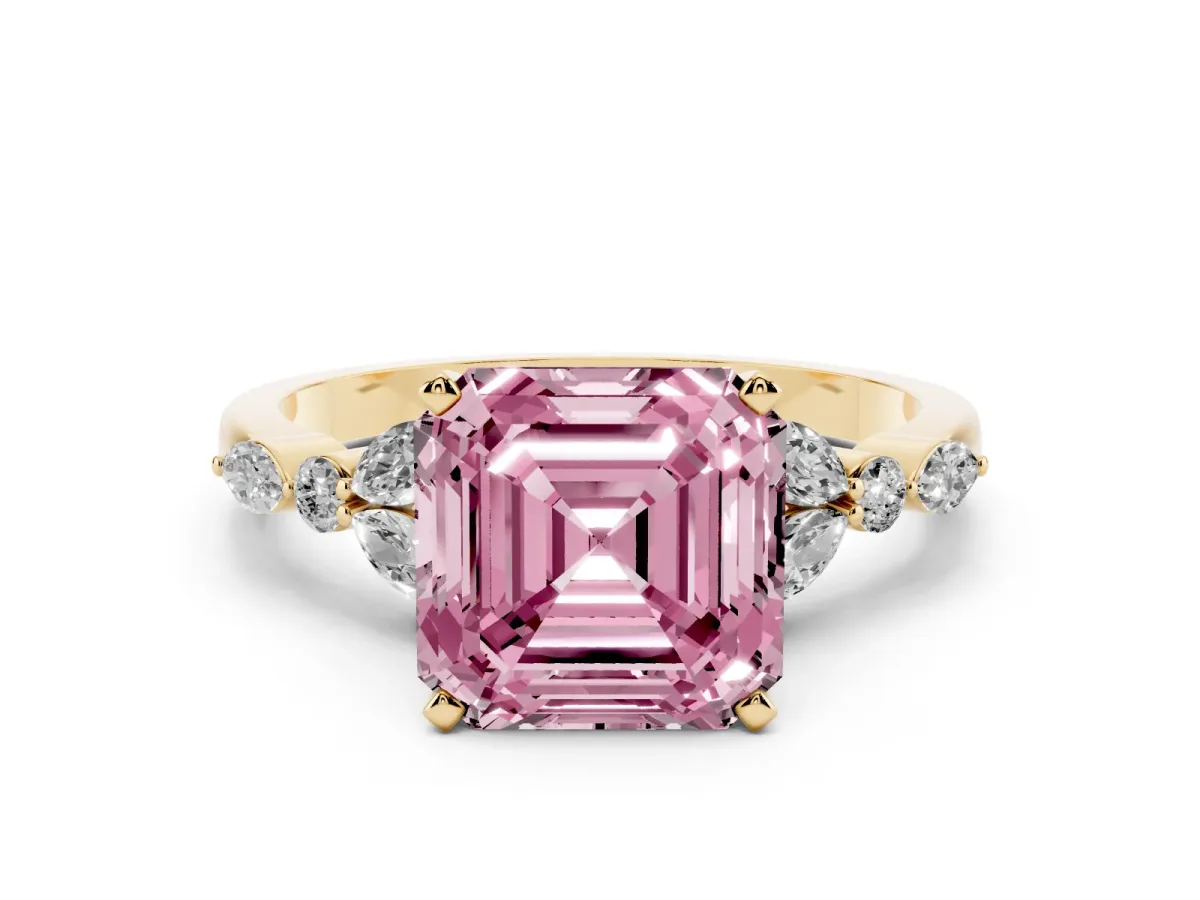 Fancy Pink Asscher Cut Diamond Solitaire Ring with Side Stones and Four-Prong Setting Yellow gold