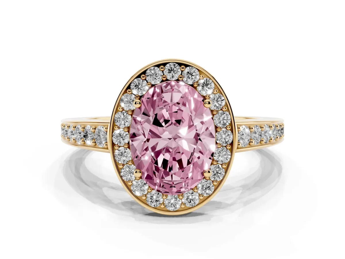 Fancy Pink Oval Cut Halo Pavé Diamond Engagement Ring with Bezel Setting Yellow gold