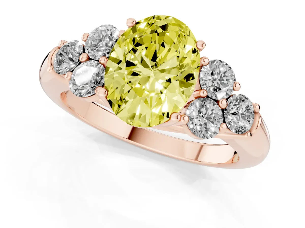 Fancy Yellow Oval Cut Cut Diamond Cluster Ring with Round Accent Stones and Prong Setting on a Classic Band Rose gold