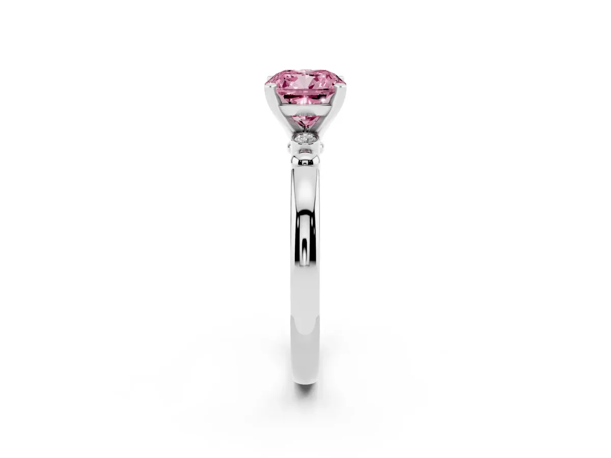 Fancy Pink Cushion Cut Solitaire Beaded Band with Four-Prong Setting Platinum