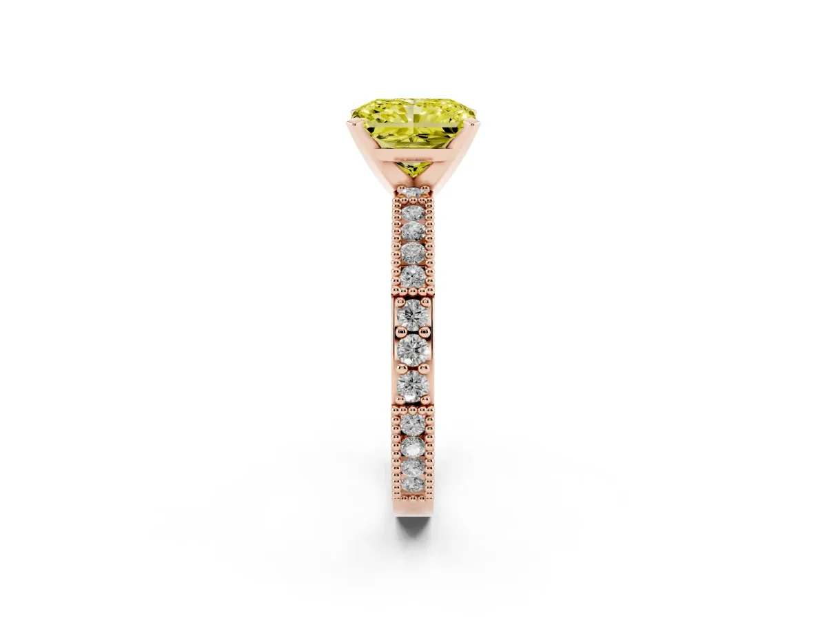 Fancy Yellow Radiant Cut Solitaire with Pavé Band and Four-Prong Setting Rose gold