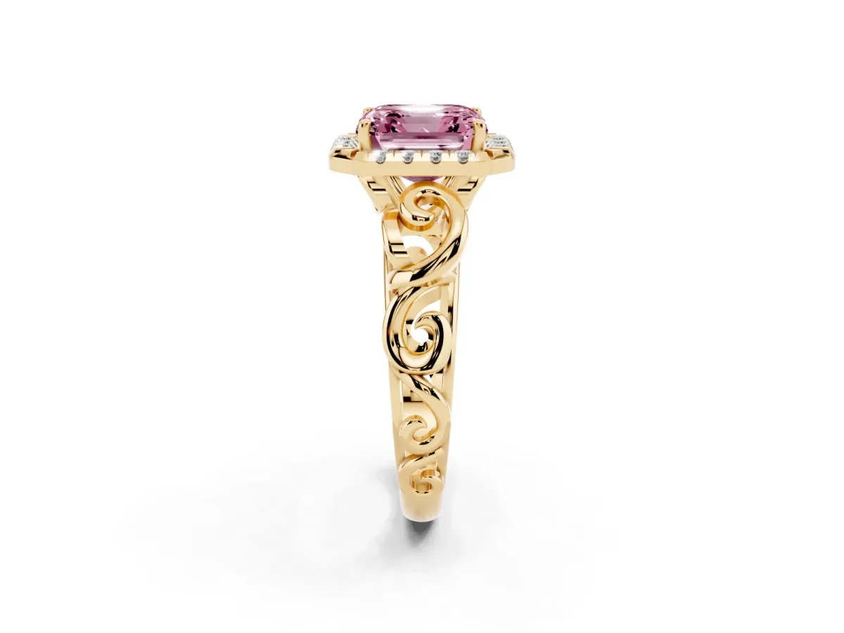 Fancy Pink Asscher Cut Cut Halo Diamond Ring with Scrollwork Band and Four-Prong Setting Yellow gold