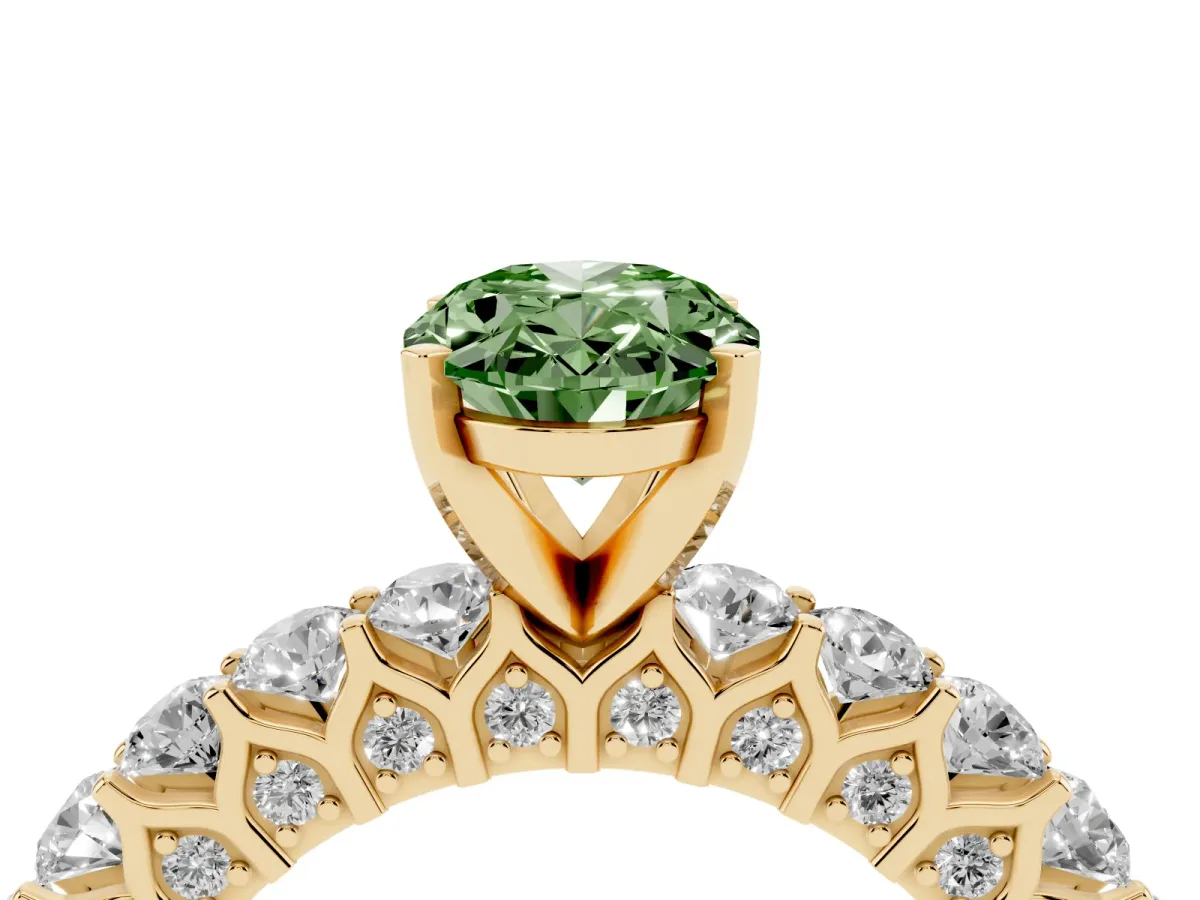 Fancy Green Oval Cut Diamond Solitaire Ring with Shared Prong Pavé Band and Four-Prong Setting Yellow gold