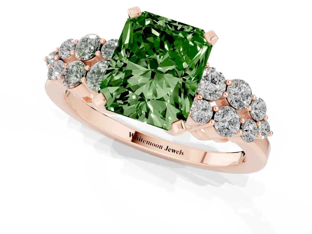 Fancy Green Radiant Cut Cluster Diamond Engagement Ring with Pavé Band and Four-Prong Setting Rose gold
