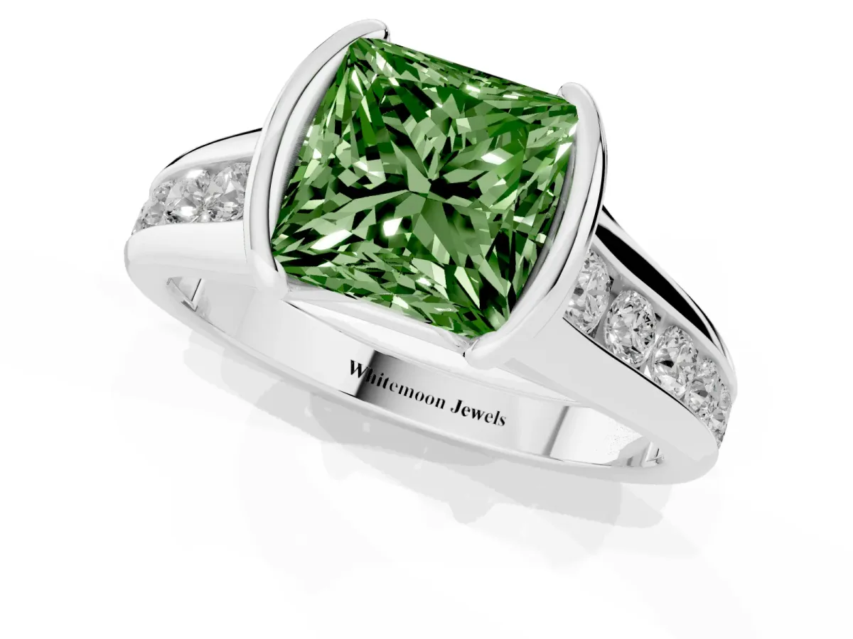 Fancy Green Princess Cut Solitaire Bezel-Set Diamond Ring with Channel-Set Band Silver