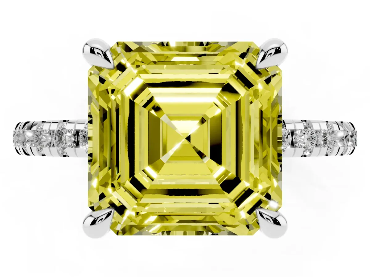 Fancy Yellow Asscher Cut Diamond Brilliant Solitaire Ring with Pavé Band and Four-Prong Setting Platinum