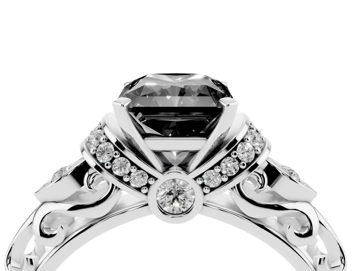 Fancy Black Radiant Cut Diamond Solitaire Ring with Filigree Band and Four-Prong Setting Silver