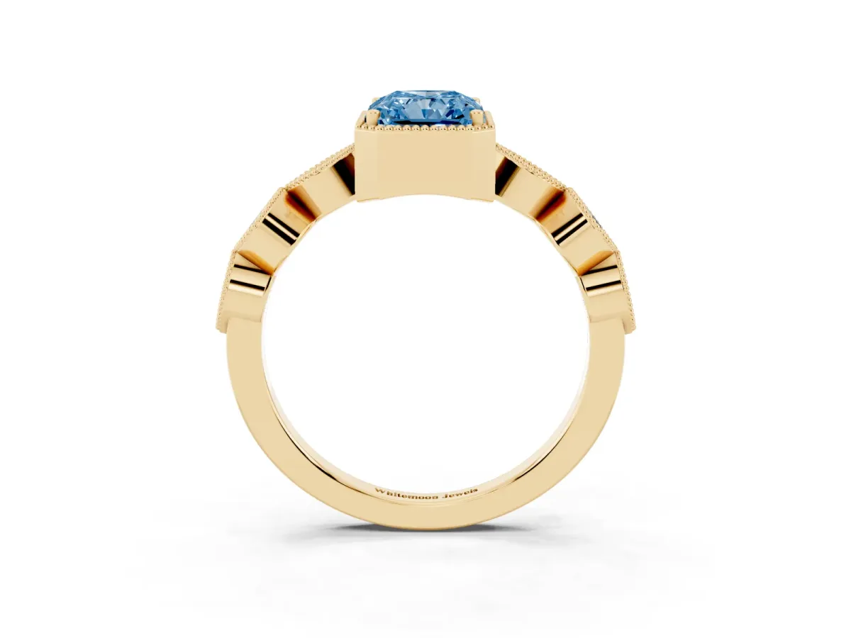 Fancy Blue Radiant Cut Diamond Vintage Milgrain Ring with Round Stations Yellow gold
