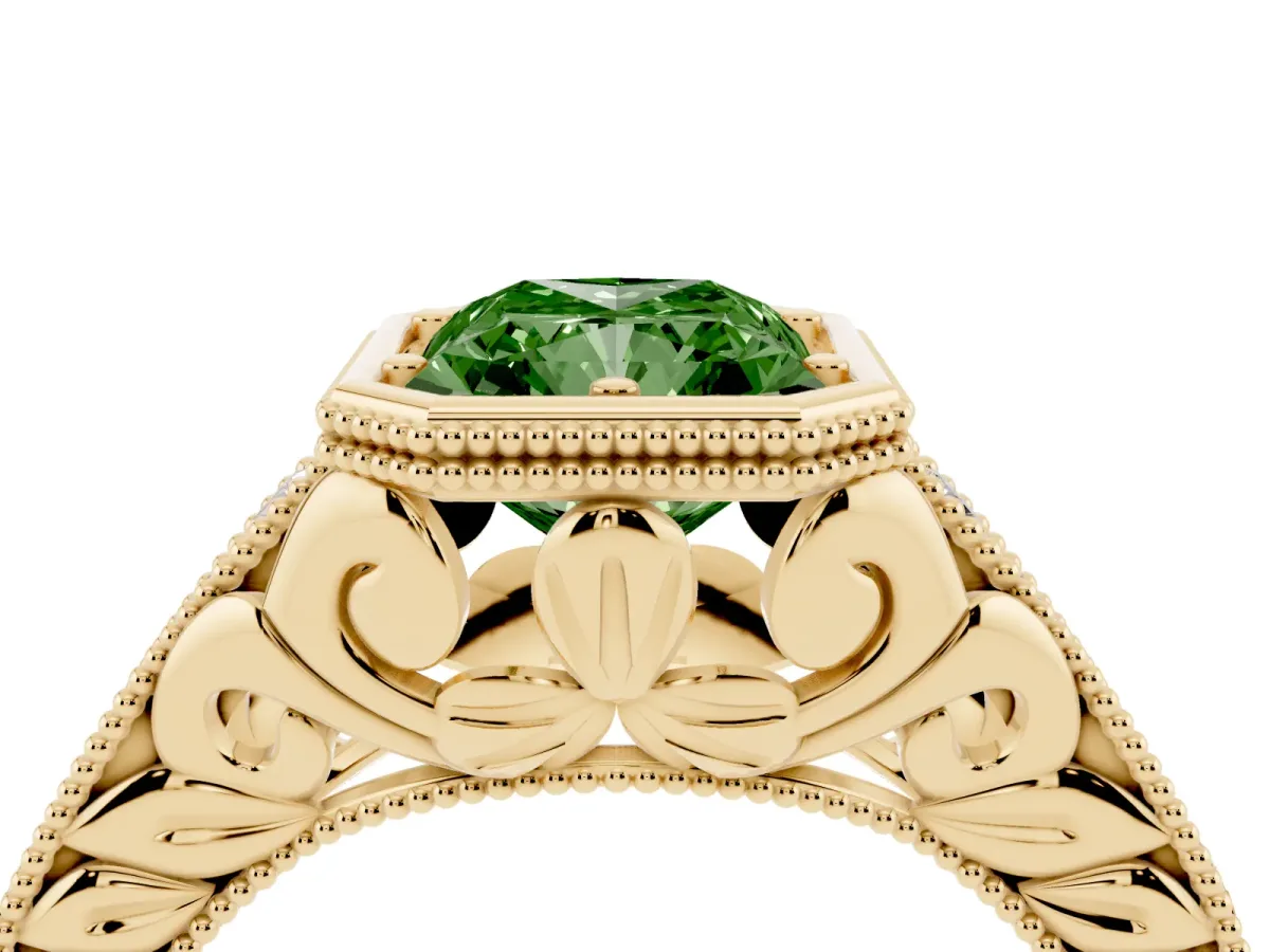 Fancy Green Bezel Set Radiant Cut Diamond Milgrain Pave Engagement Ring Yellow gold