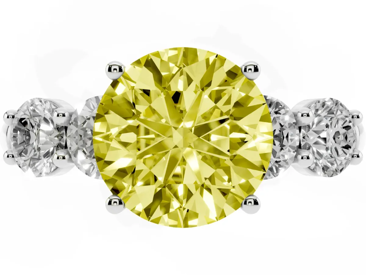 Fancy Yellow Round Cut Cut Five-Stone Prong Set Diamond Ring with Classic Band Silver