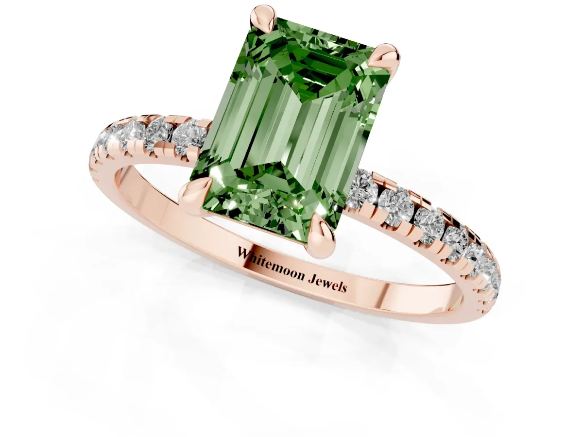 Fancy Green Emerald Cut Diamond Brilliant Solitaire Ring with Pavé Band and Four-Prong Setting Rose gold