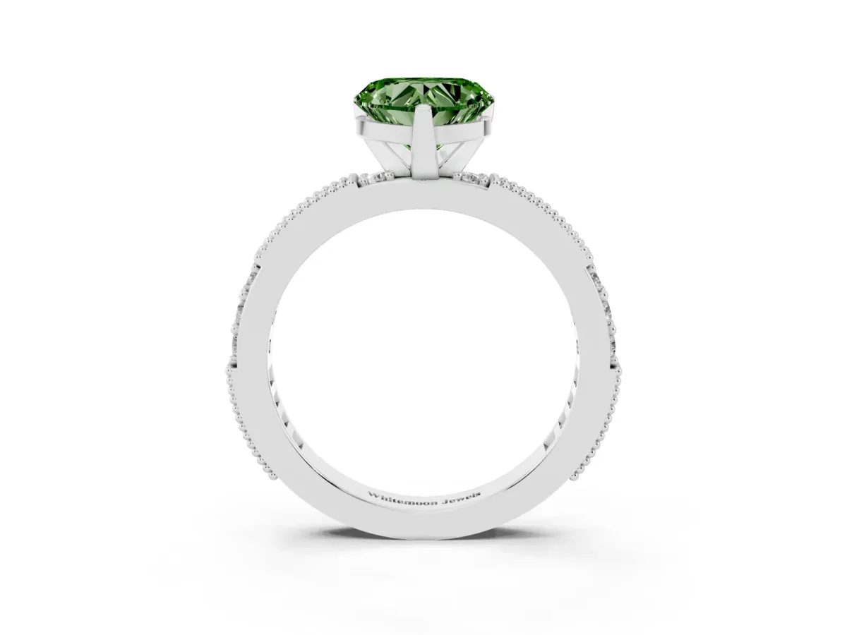 Fancy Green Heart Cut Solitaire with Pavé Band and Four-Prong Setting Silver