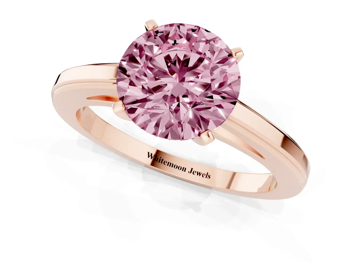 Fancy Pink Round Cut Solitaire Diamond Ring with Four-Prong Setting and Classic Band Rose gold