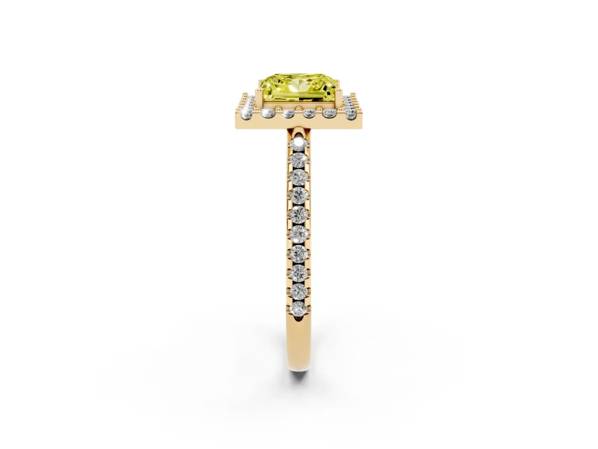 Fancy Yellow Princess Cut Diamond Pavé Halo Ring with Four-Prong Setting Yellow gold
