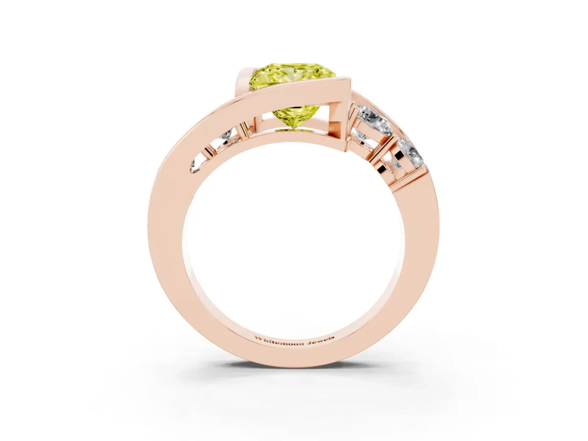 Fancy Yellow Bezel Set Princess Cut Diamond Bypass Ring with Round Accents Rose gold