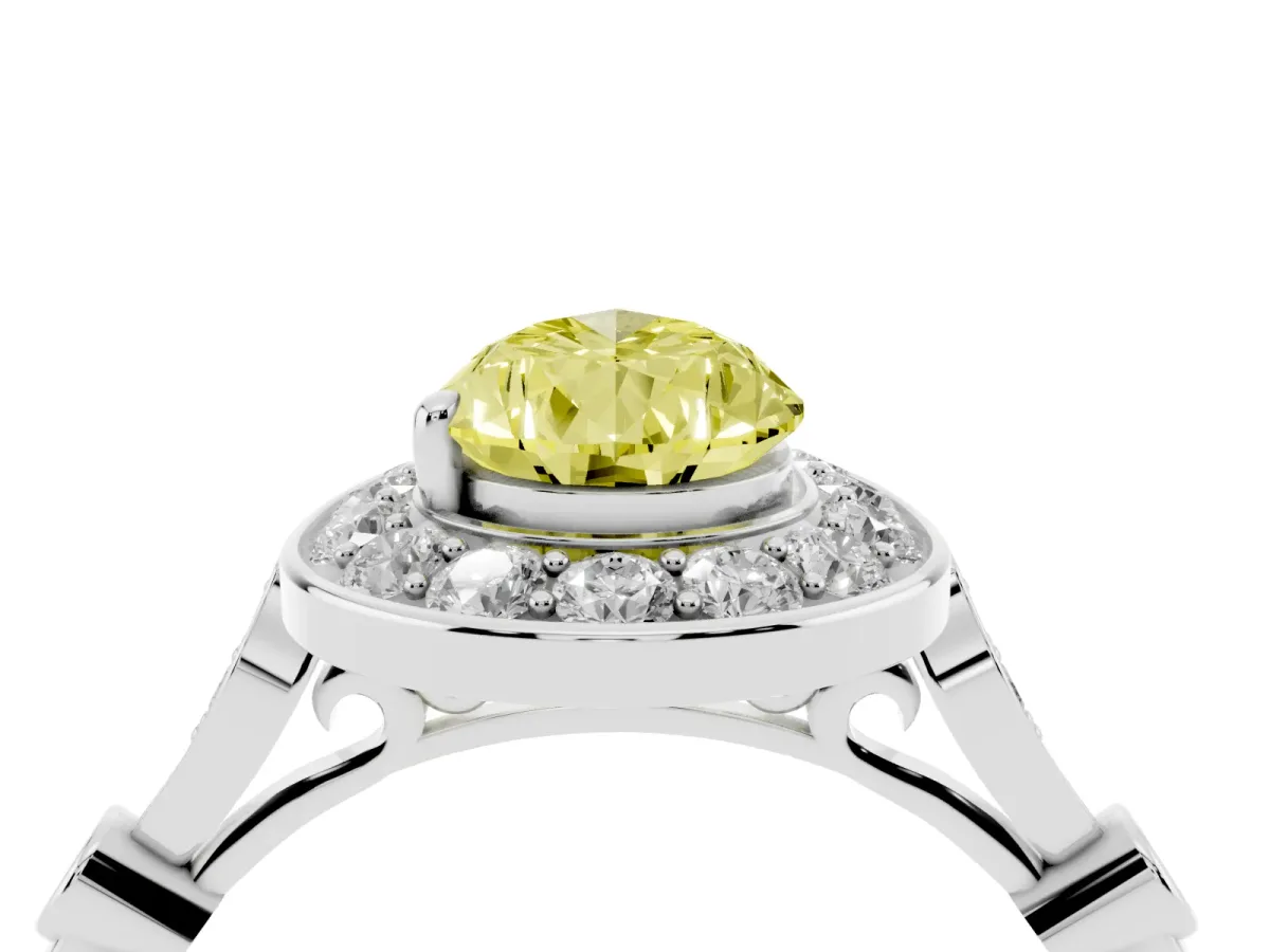 Fancy Yellow Pear Cut Halo Diamond Engagement Ring with Twisted Band and Four-Prong Setting Platinum