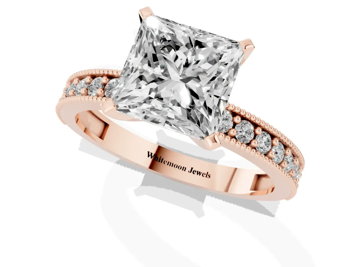 Princess Cut Diamond Milgrain Pavé Engagement Ring with Four-Prong Setting Rose gold