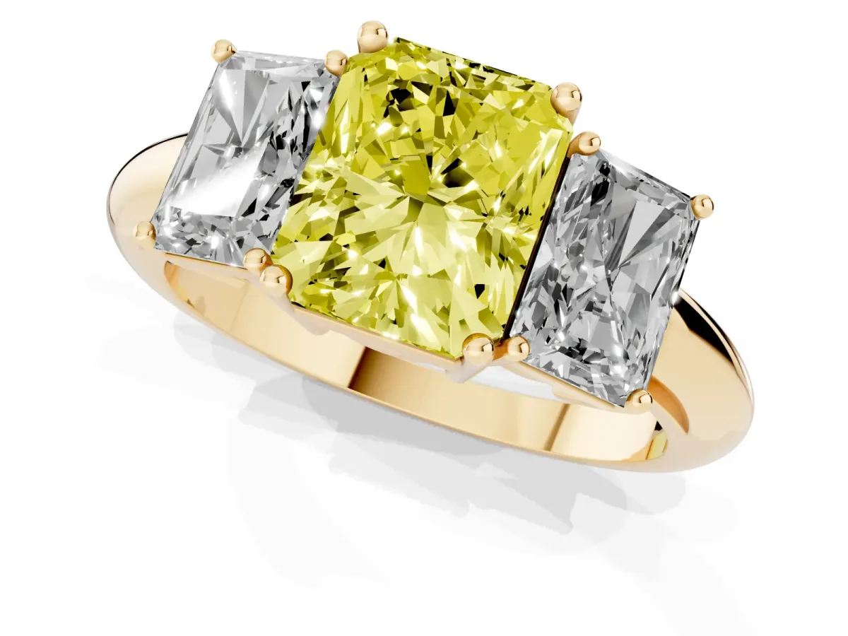 Fancy Yellow Three-Stone Radiant Cut Cut Diamond Engagement Ring with Prong Setting on a White Gold Band Yellow gold