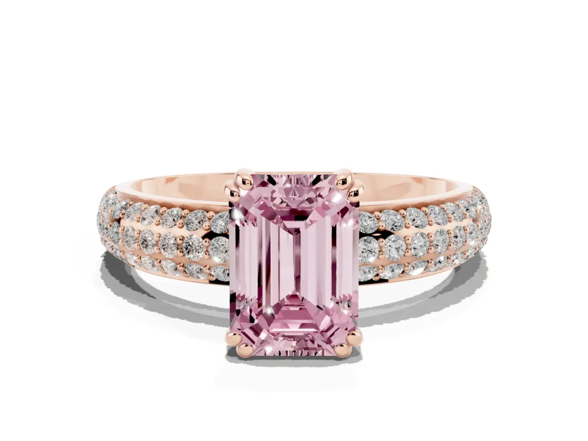 Fancy Pink Emerald Cut Diamond Solitaire Ring with Multi-Row Round Pavé Band and Prong Setting Rose gold