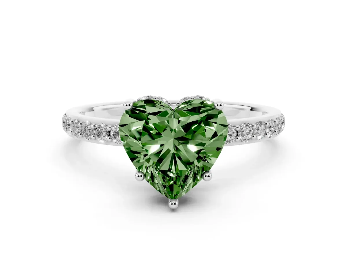 Fancy Green Heart Cut Diamond Solitaire Ring with Pavé Band and Hidden Halo Silver