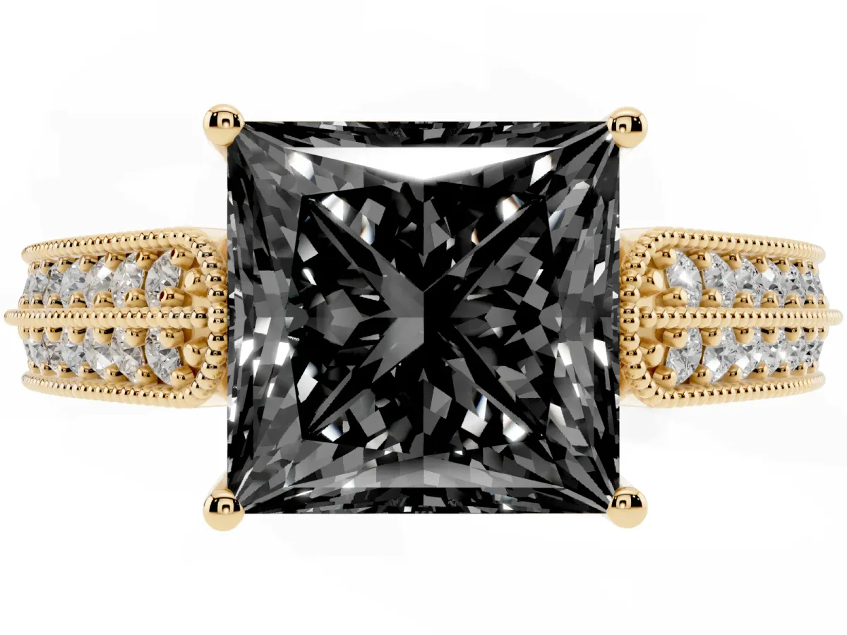 Fancy Black Princess Cut Cut Pave Split Shank Engagement Ring with Four-Prong Setting Yellow gold