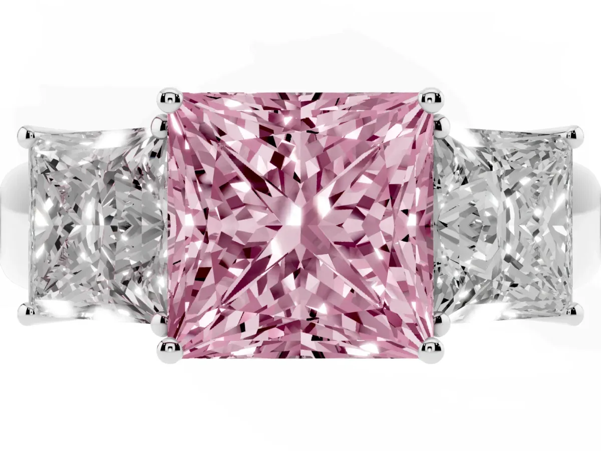 Fancy Pink Three-Stone Princess Cut Cut Diamond Ring with Prong Setting and Classic Band Silver