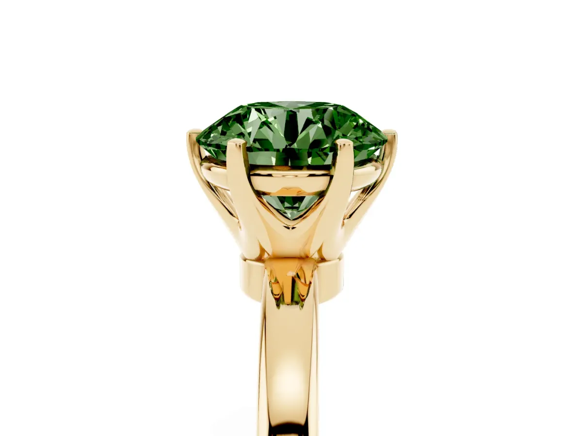 Fancy Green Round Cut Solitaire Diamond Ring with Six-Prong Setting on a Classic Band Yellow gold