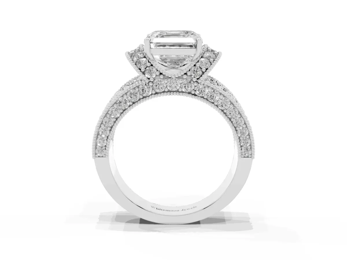 Asscher Cut Halo Pave Diamond Engagement Ring with Milgrain Detailing Silver