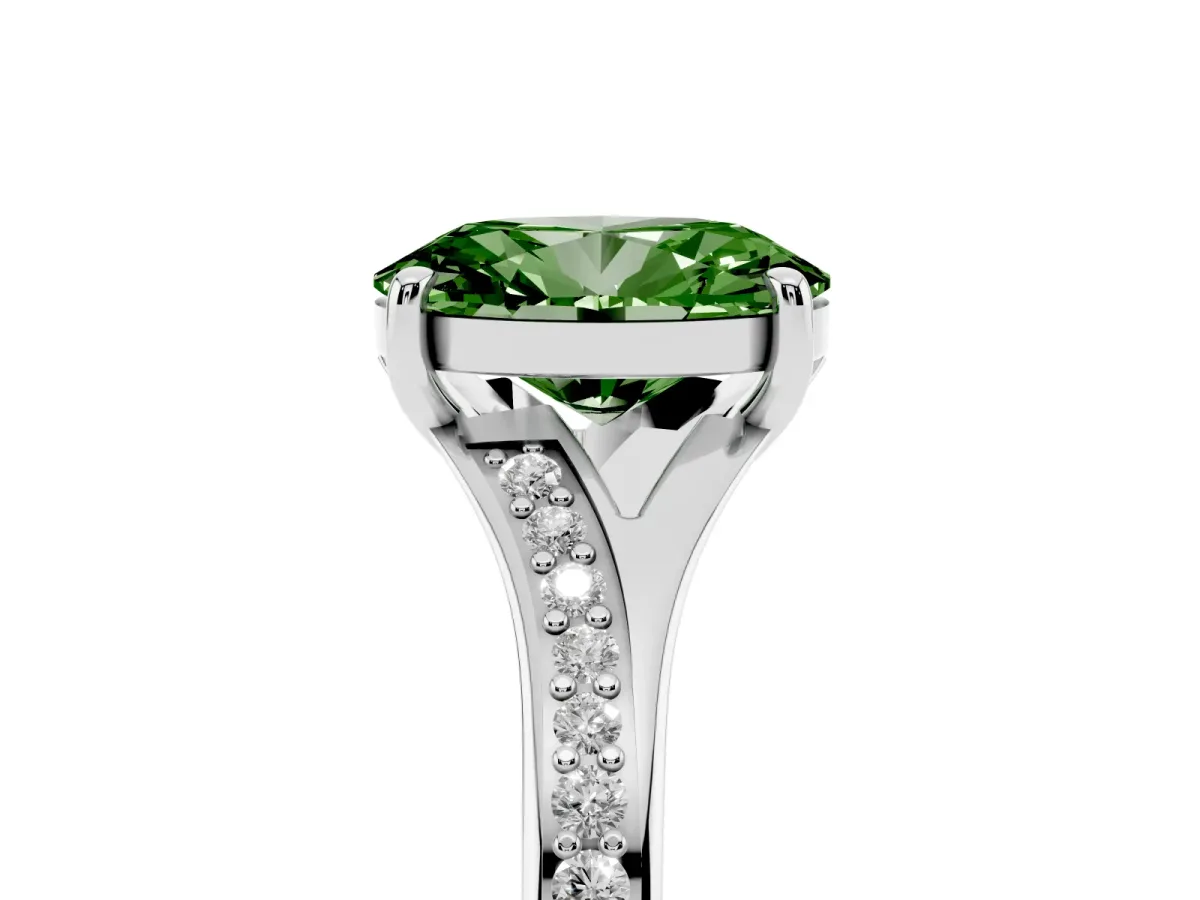 Fancy Green Oval Cut Diamond Solitaire Ring with Pavé Band and Prong Setting Silver