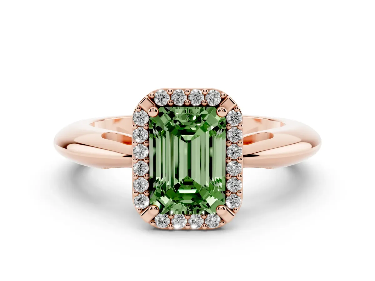 Fancy Green Emerald Cut Cut Diamond Halo Engagement Ring with Split Shank and Four-Prong Setting Rose gold