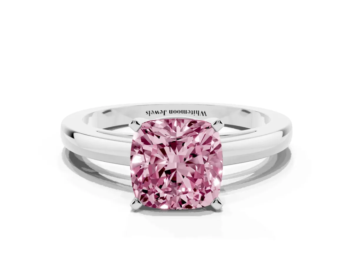 Fancy Pink Cushion Cut Solitaire Diamond Engagement Ring with Four-Prong Setting on a Classic Band White gold