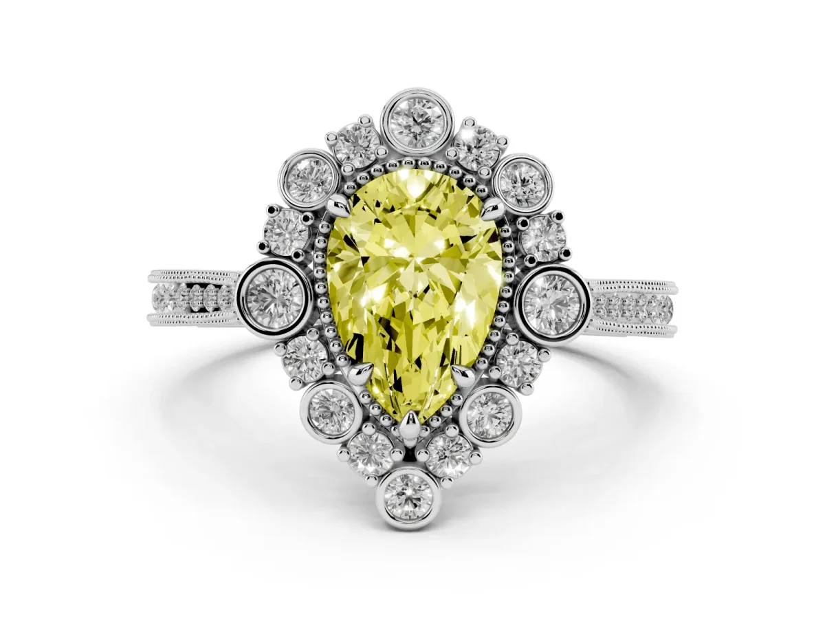 Fancy Yellow Pear Cut Halo Milgrain Pave Diamond Ring with Four-Prong Setting Silver