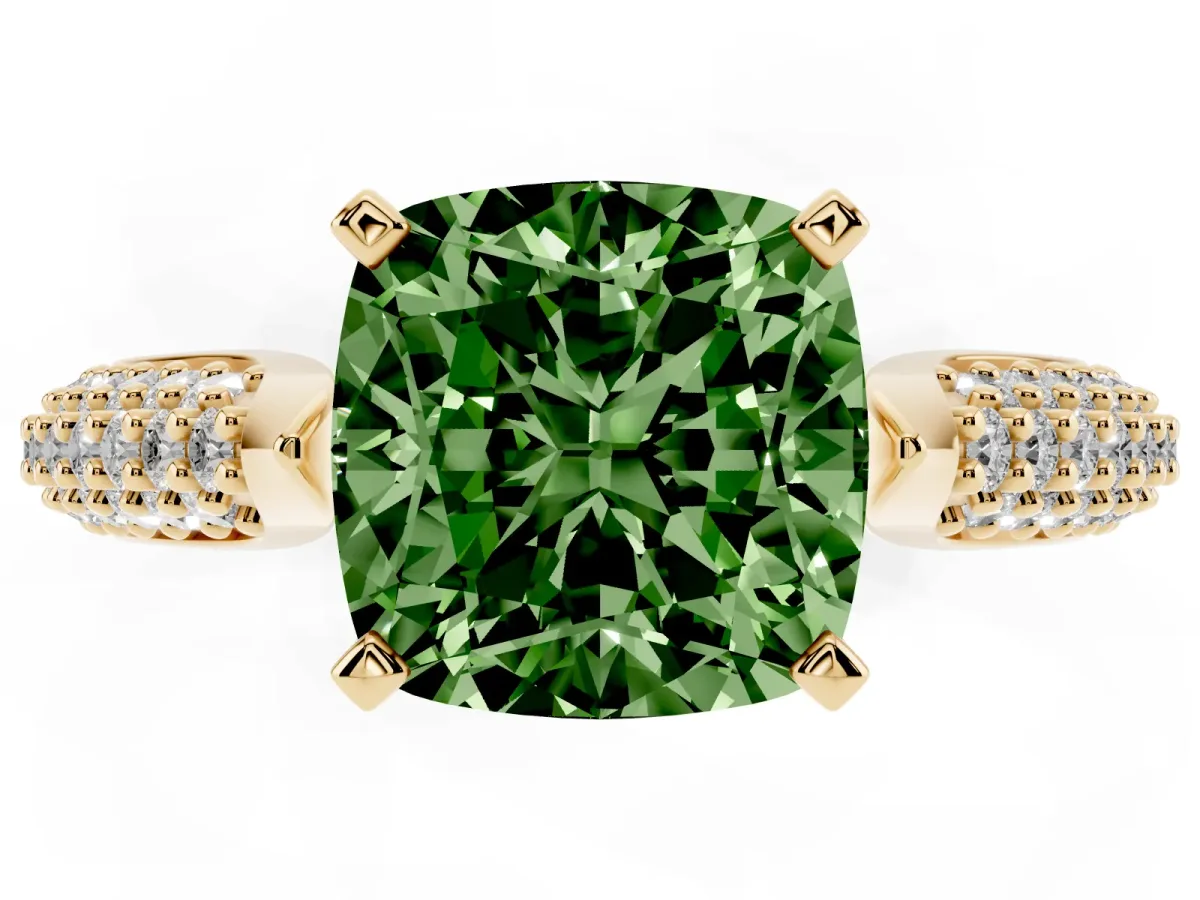 Fancy Green Cushion Cut Diamond Solitaire Engagement Ring with Multi-Row Round Pavé Band and Prong Setting Yellow gold