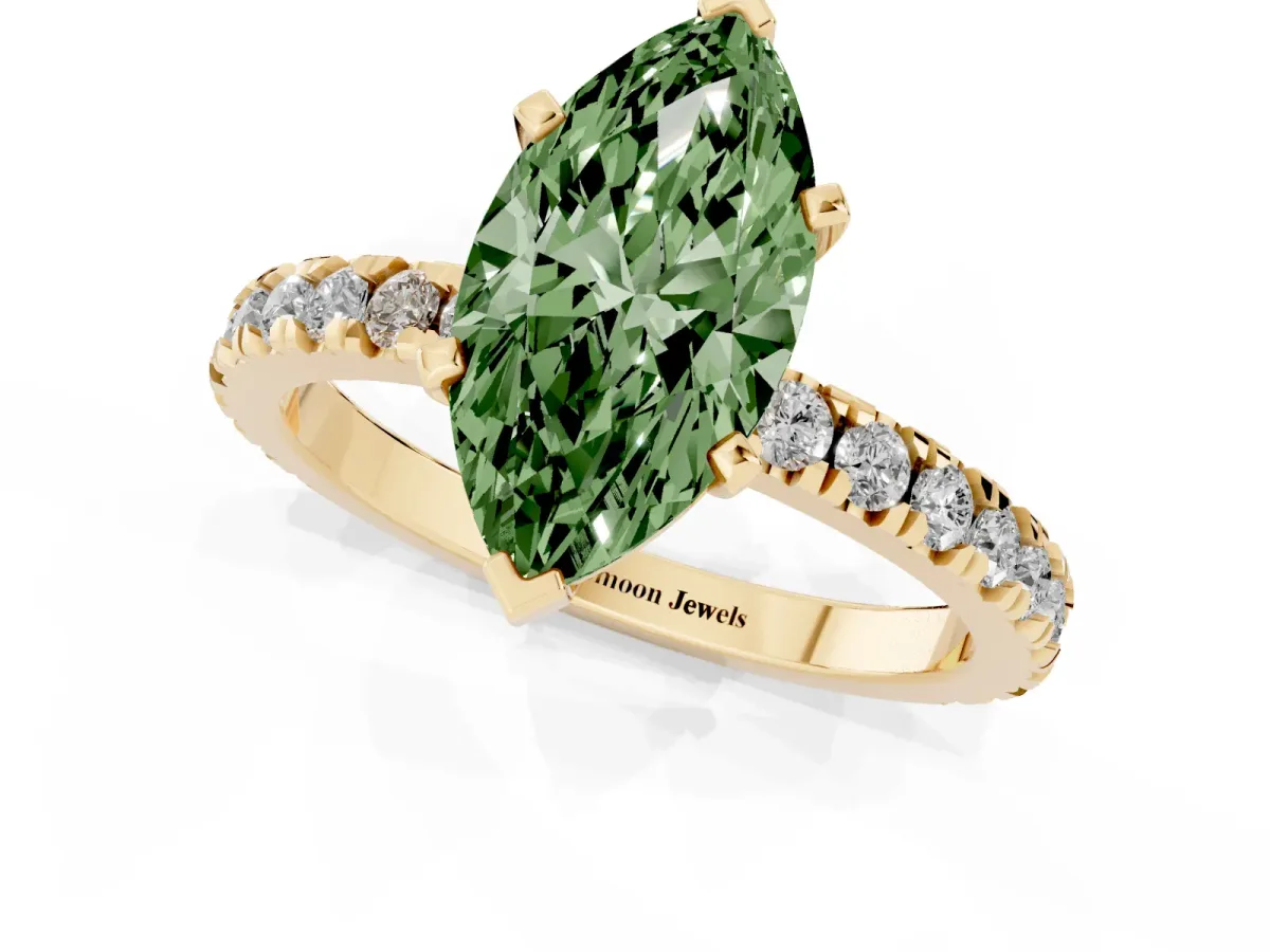 Fancy Green Marquise Cut Diamond Pavé Band Solitaire with Four-Prong Setting Yellow gold