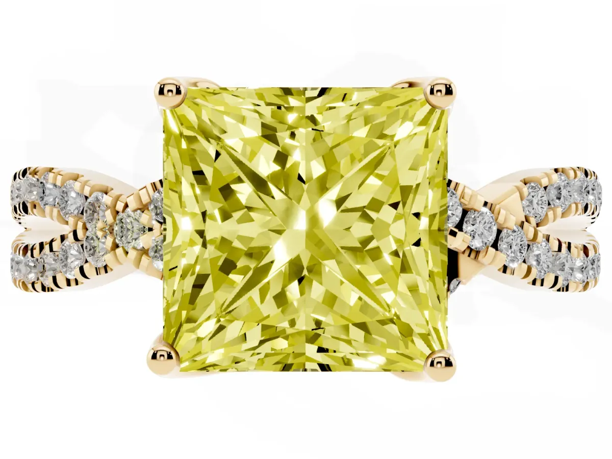 Fancy Yellow Princess Cut Solitaire Twist Pave Diamond Engagement Ring with Prong Setting Yellow gold