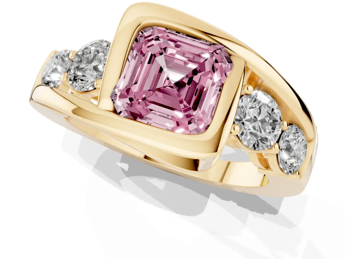 Fancy Pink Bezel Set Asscher Cut Diamond Bypass Ring with Round Accents Yellow gold