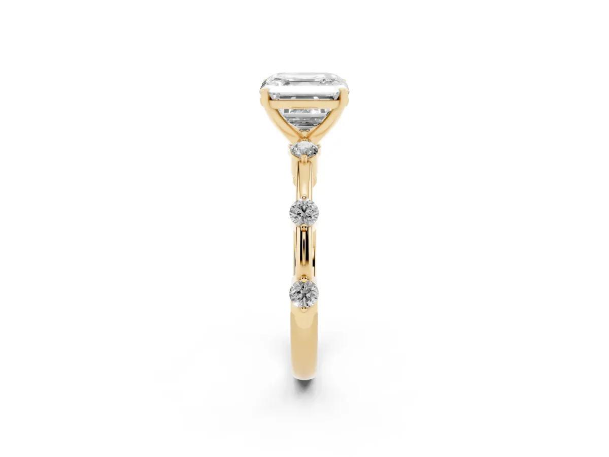 Asscher Cut Solitaire Diamond Ring with Bezel Set Side Stones and Prong Setting Yellow gold